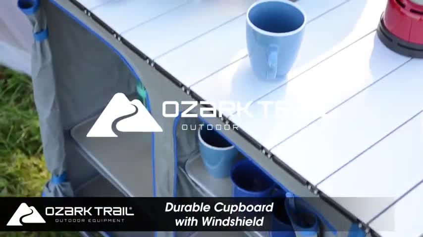 Close-up of the Ozark Trail camping table's durable steel frame.