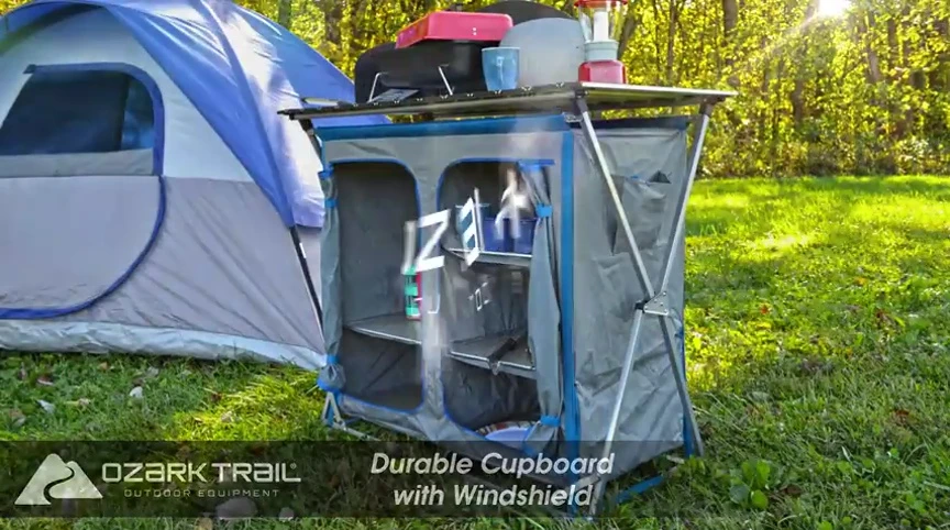 The overall view of the fully set up Ozark Trail camping table.