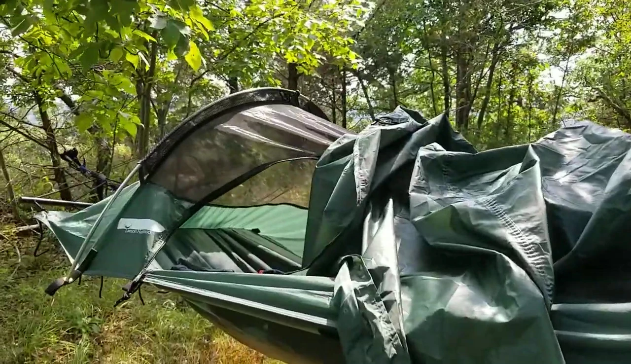 Tarp fully attached for weather protection
