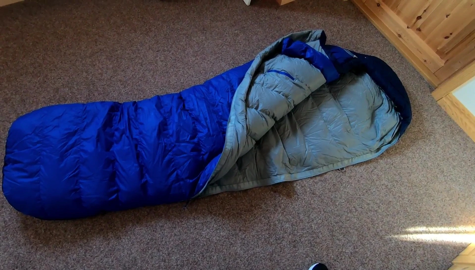 View of the sleeping bag's zippers and hood