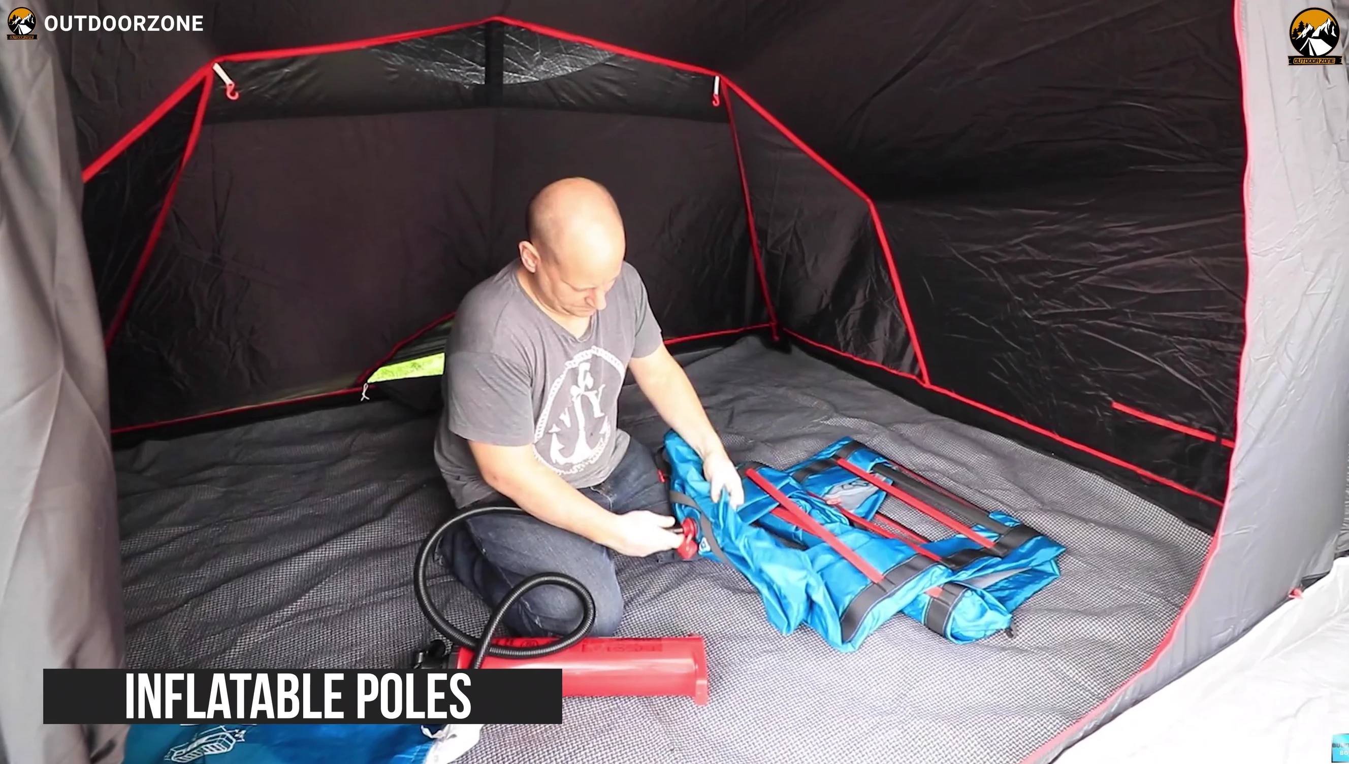 Close up of the inflatable poles of the Quechua tent