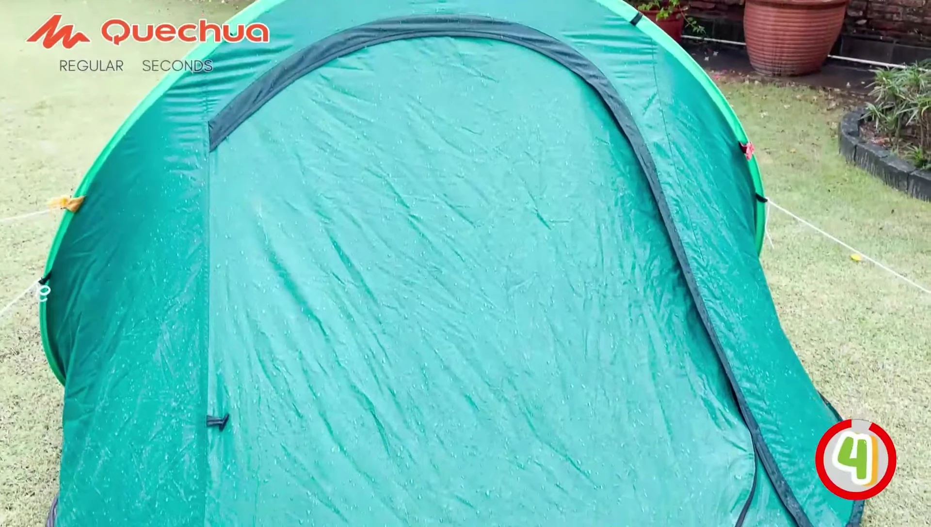 Close-up shot showing the full-length rainfly of the Quechua 2 Seconds Easy