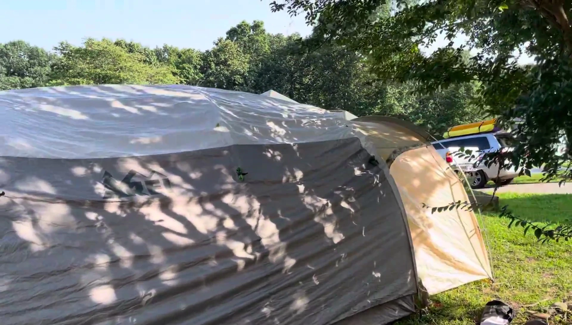 The Kingdom 6 tent being unpacked from its carrying bag.