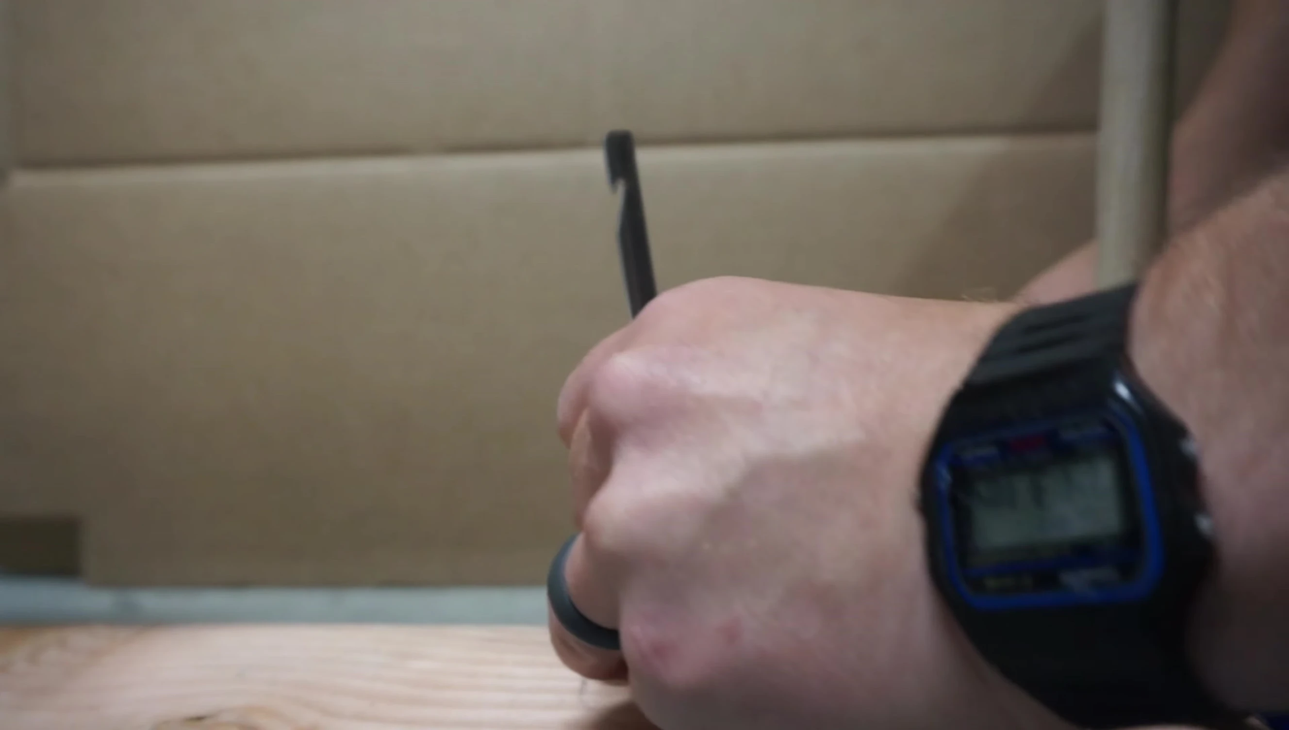 Durability testing setup, hitting a stake with a sledgehammer.