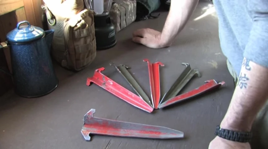 Close-up of the aluminum tent stakes