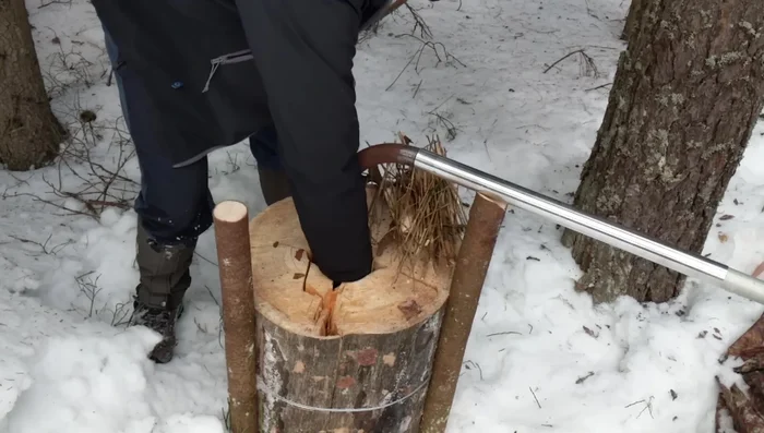 Light the log torch. Use dry branches and wood chips to start the fire.