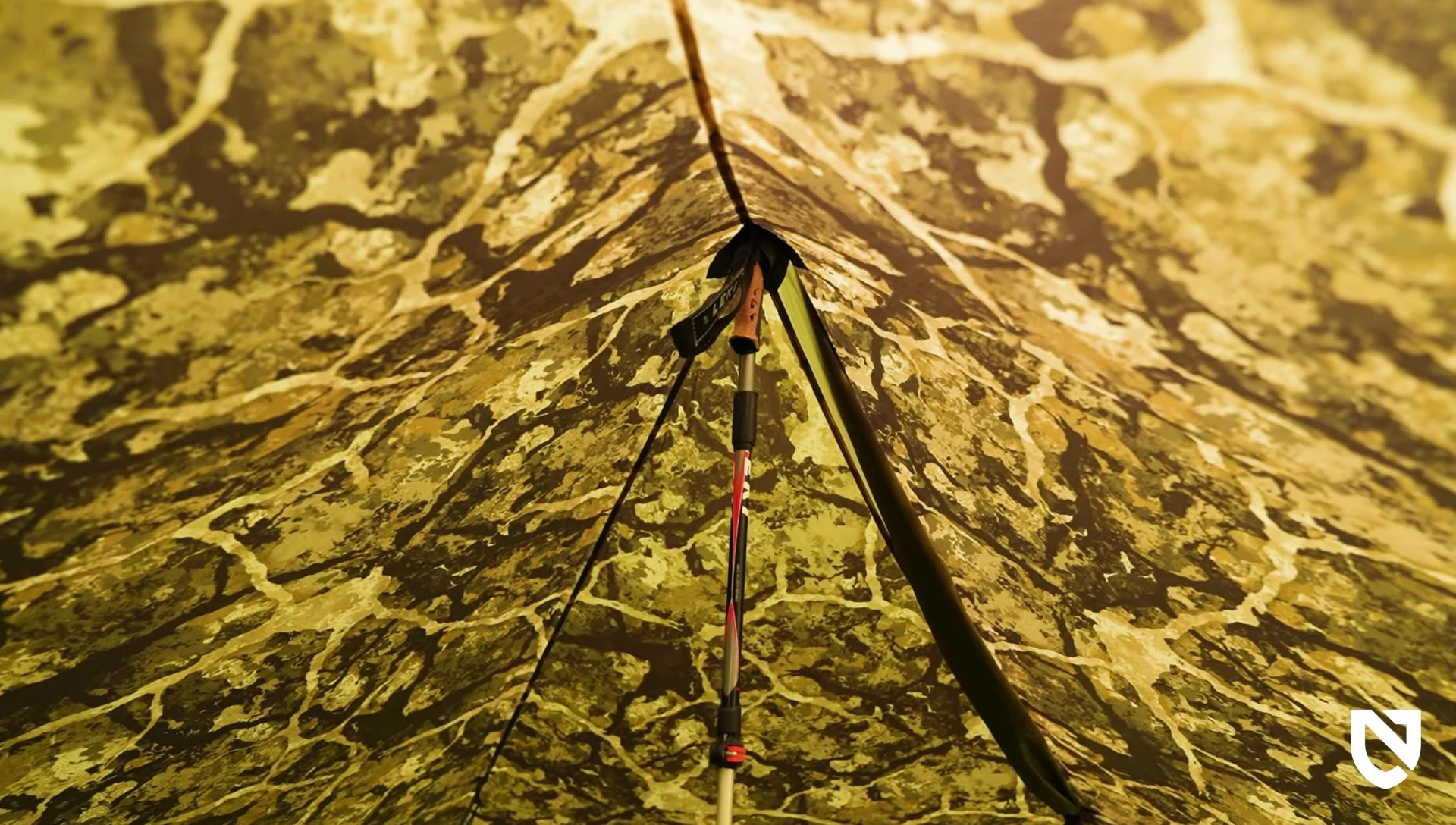The tarp setup using trekking poles