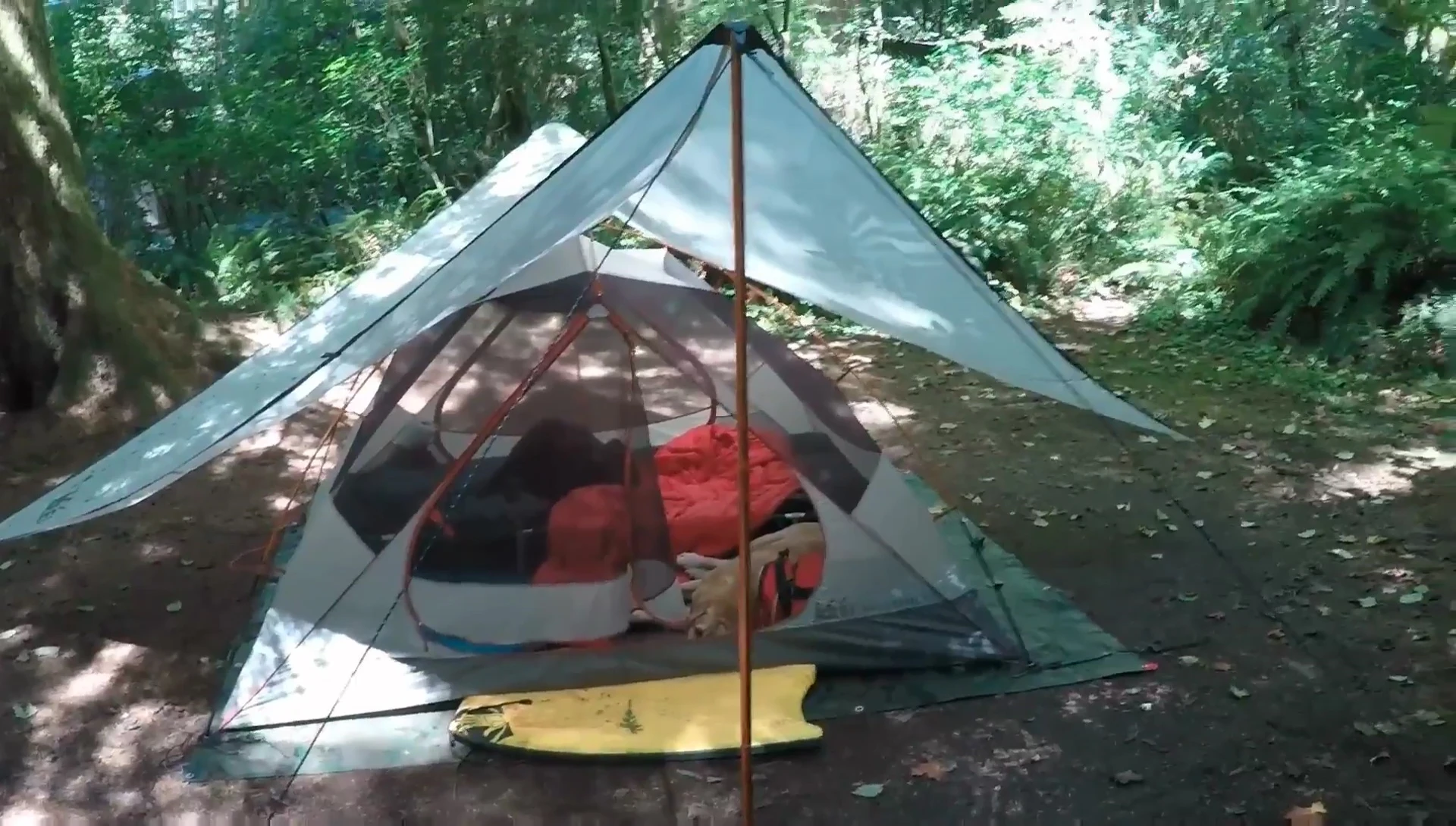 Close-up of the tarp's reflective guidelines and tensioners.