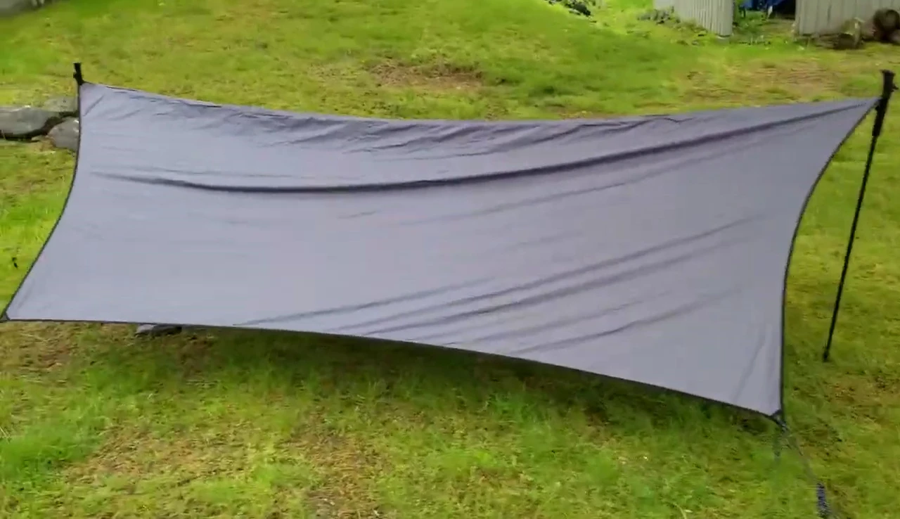 Tarp set up freestanding with trekking poles