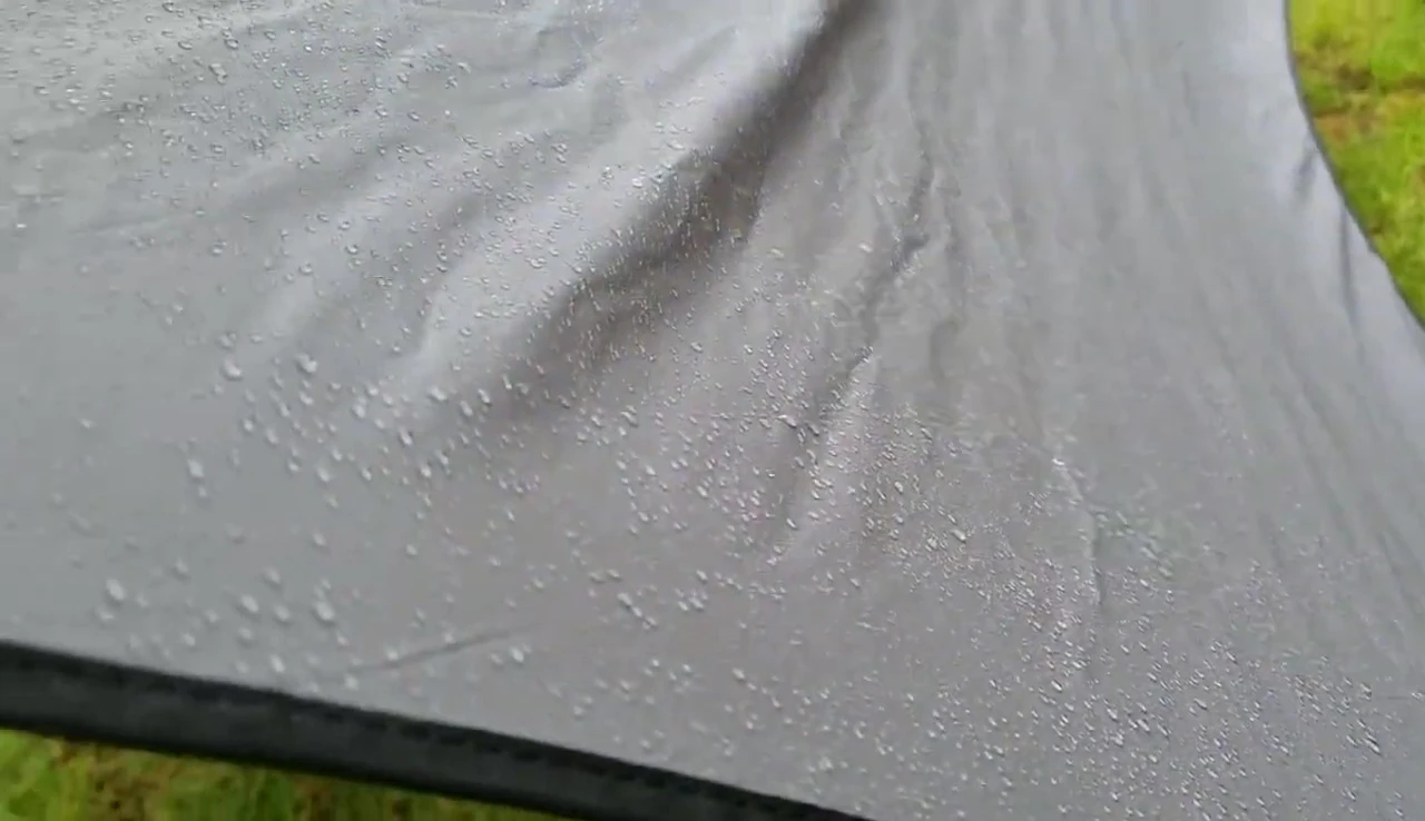 Rain drops on the tarp showing water resistance