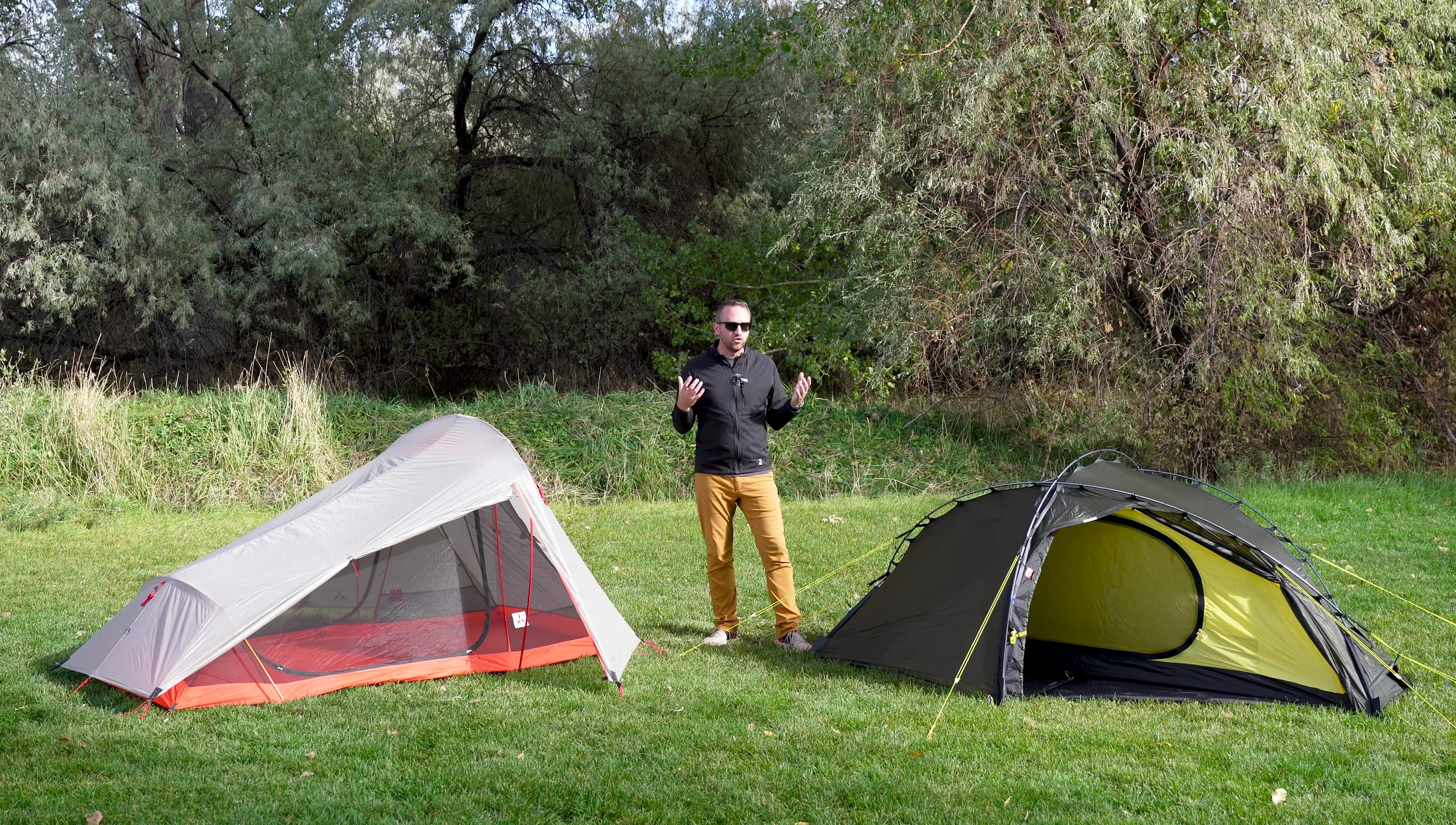 A shot of a three-season tent set up in a snowy environment.