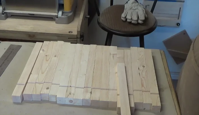 Create a taper template: On a scrap piece, measure 8 inches from one end. Mark a line. Measure 3/8 inch from each side at the bottom end and connect the points to the 8-inch mark to create a tapered shape.