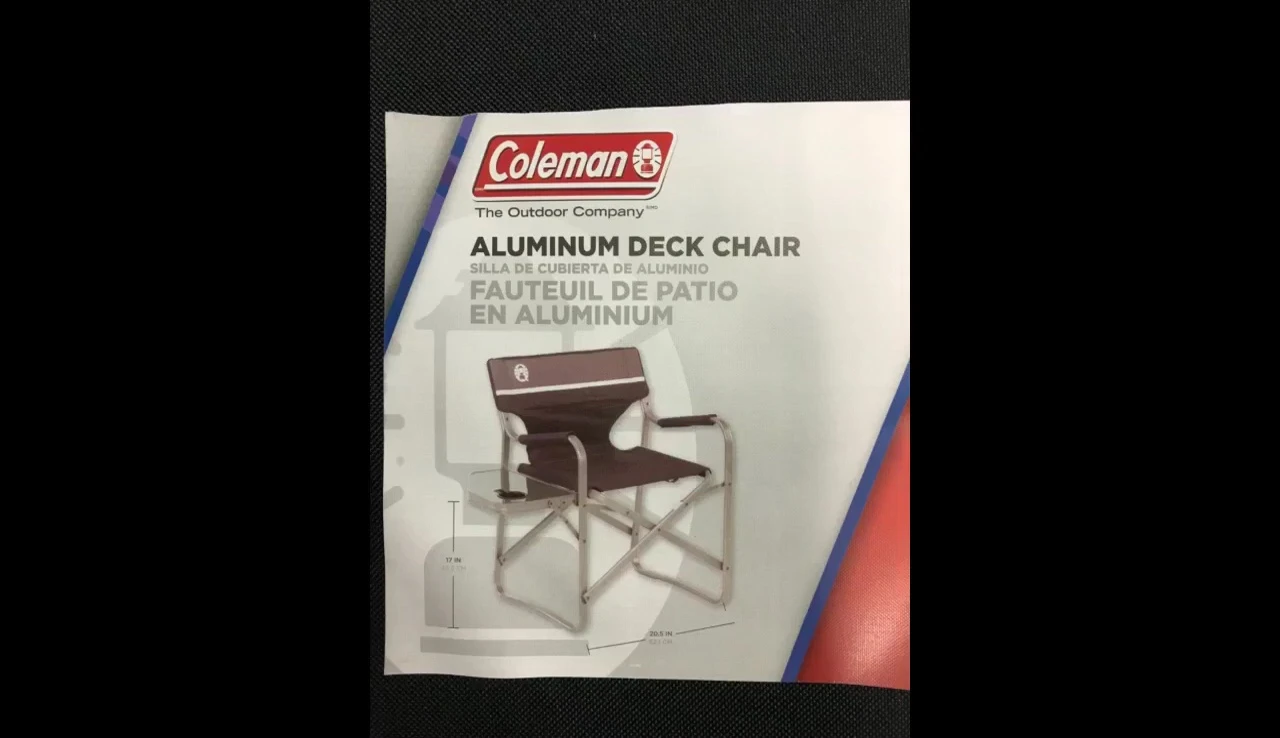 Close-up of the chair's label stating aluminum frame