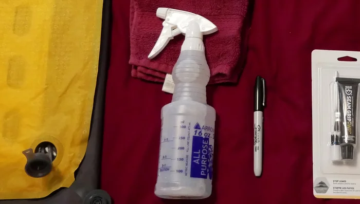 Prepare your repair supplies: soapy water, pen, sealant, rubbing alcohol, and a rag.