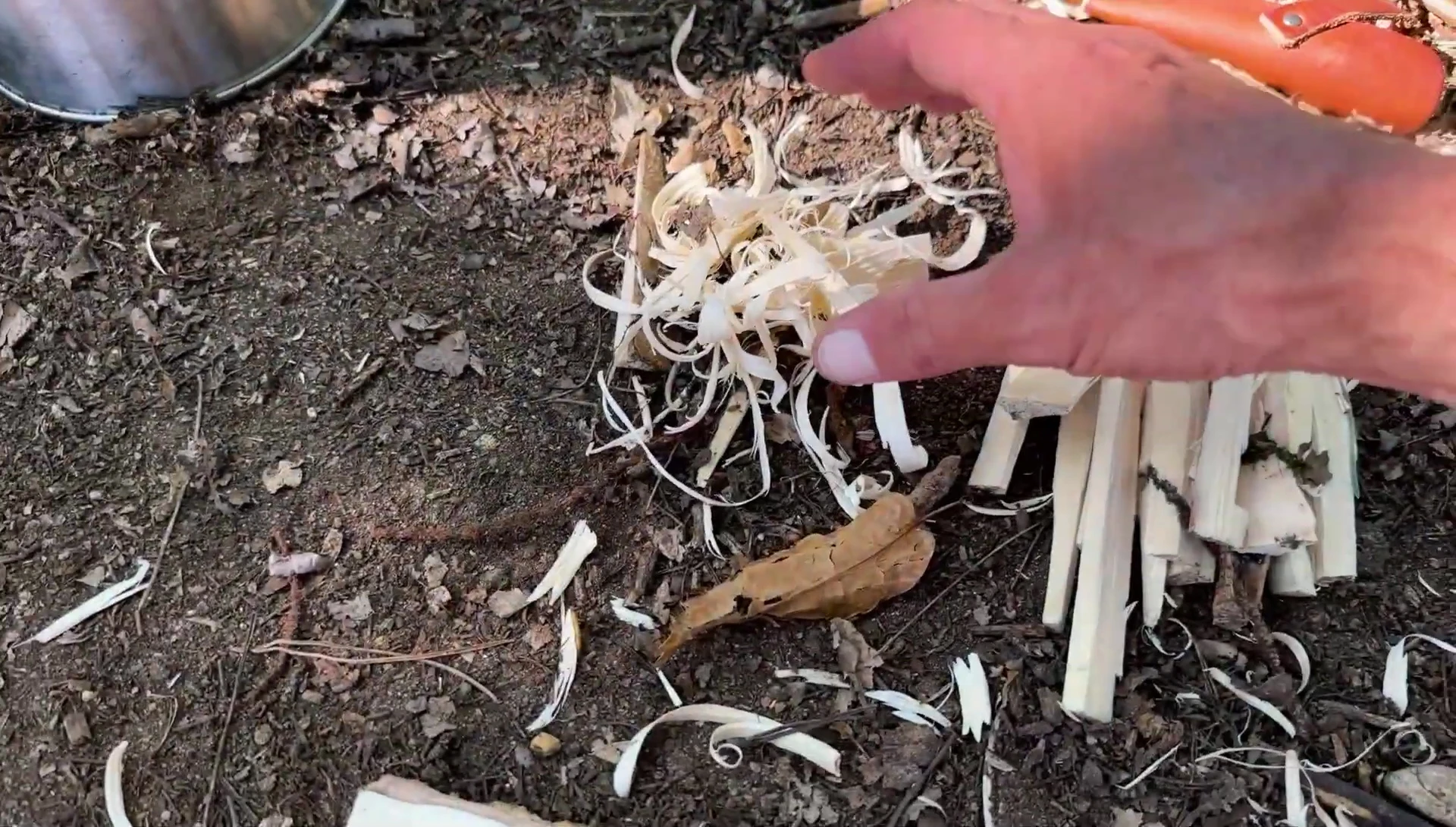 Examples of feather sticks and prepared kindling.