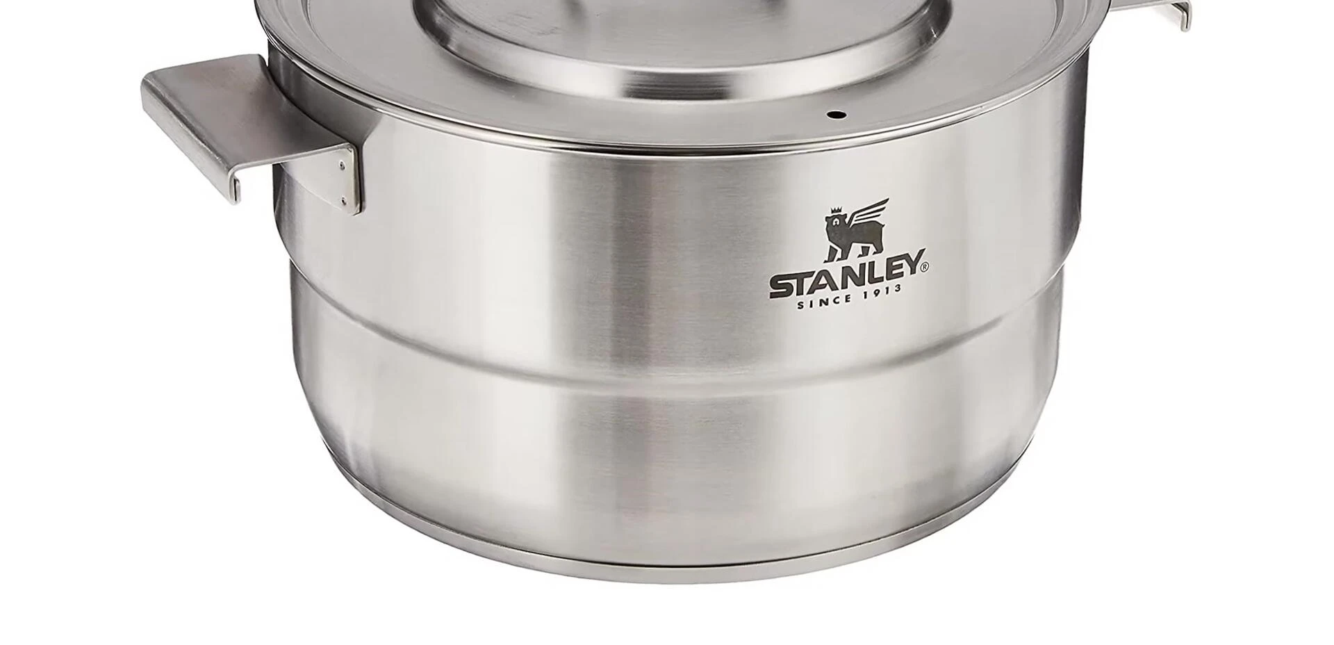 Close-up highlighting the Stanley pot's construction and handle.