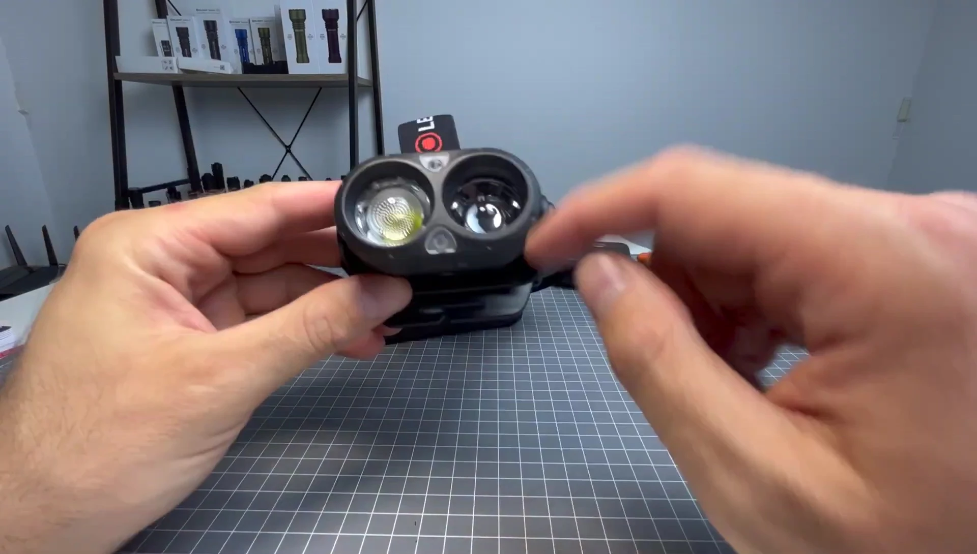 The headlamp showing both spot and flood beams.