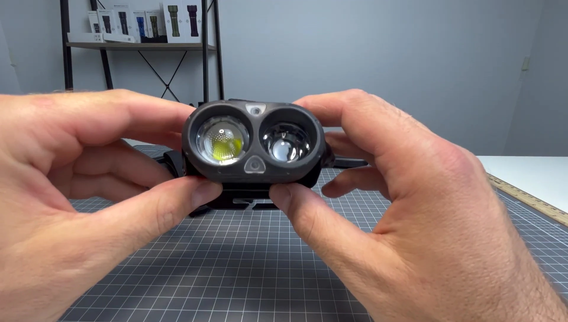 The headlamp with light shining in the video.