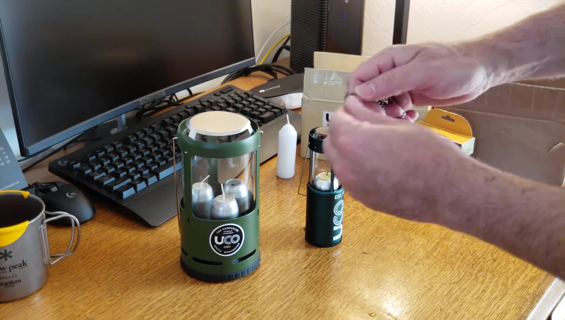 Demonstrating an alternative hanging method for the larger lantern.