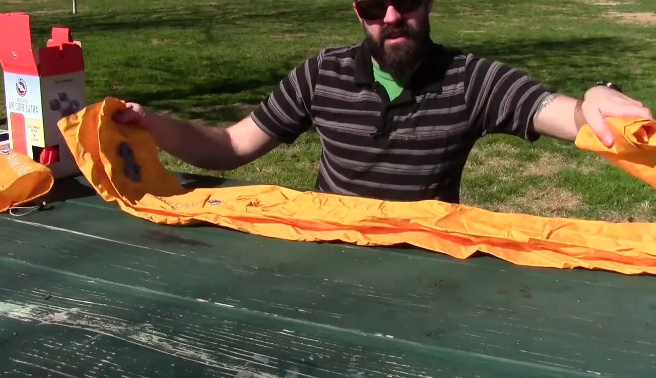 Close-up of the one-way inflation valve on the Big Agnes Air Core Ultra sleeping pad.