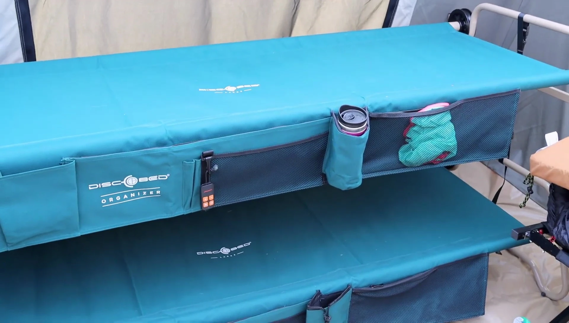 Close-up of the integrated organizers on the Disc-O-Bed.