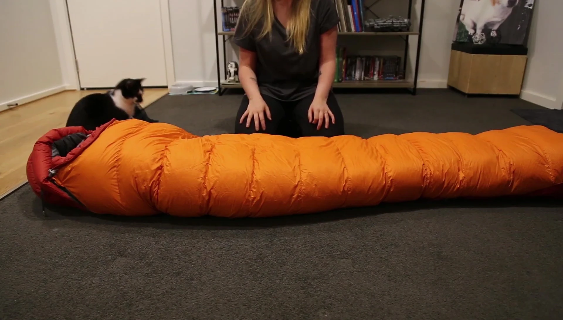 The reviewer inside the sleeping bag