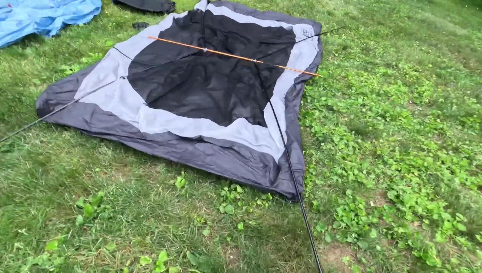 Tent standing up after poles are secured