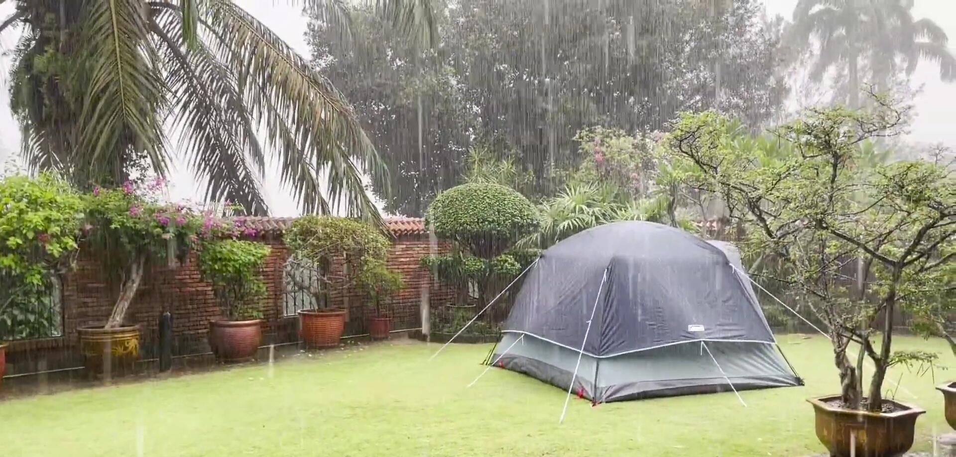 Tent after heavy rain showing puddle