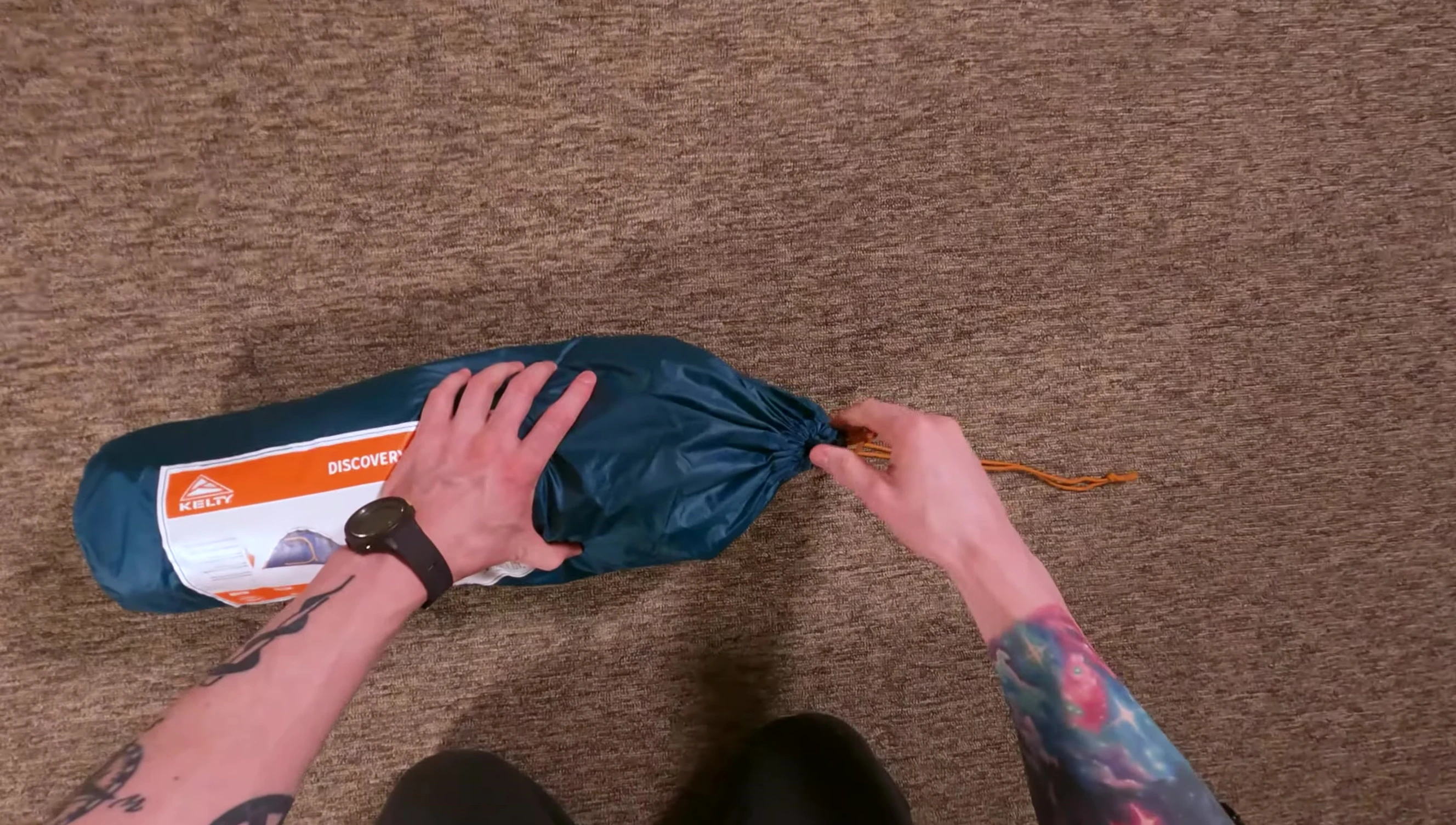 The Kelty Discovery 2 tent in its stuff sack.