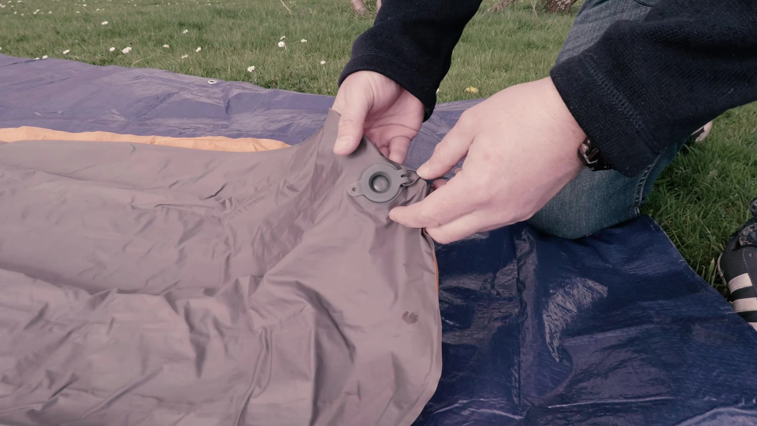 Close-up of the one-way valve on the sleeping pad.