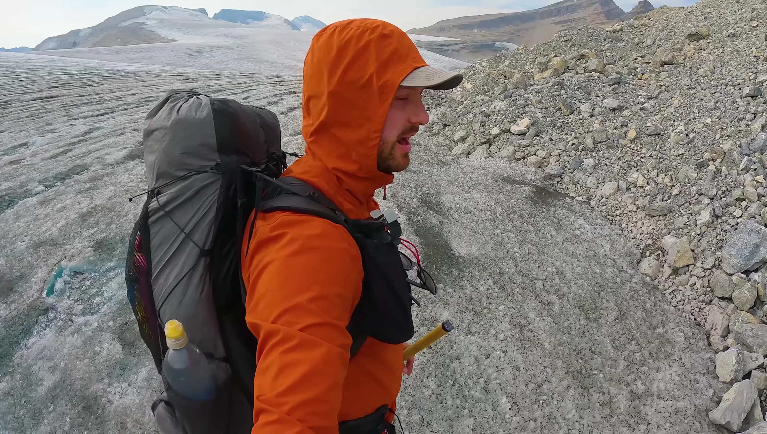 The YouTuber setting up camp on the glacier.