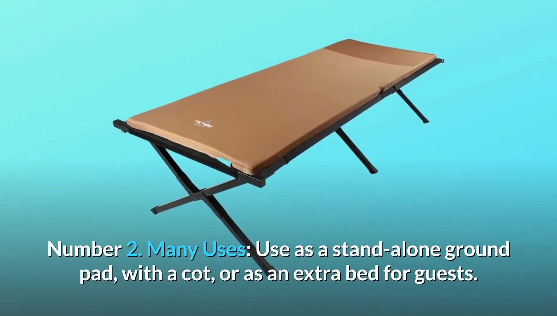 The camp pad shown in multiple configurations: on the ground, on a cot, and as an extra bed.
