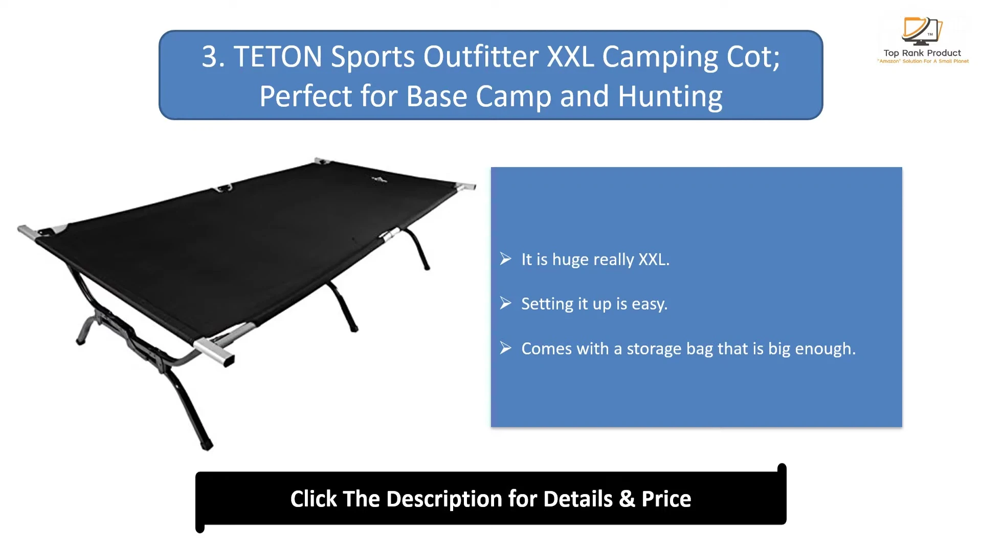 Teton Sports Outfitter XXL Camping Cot in storage bag