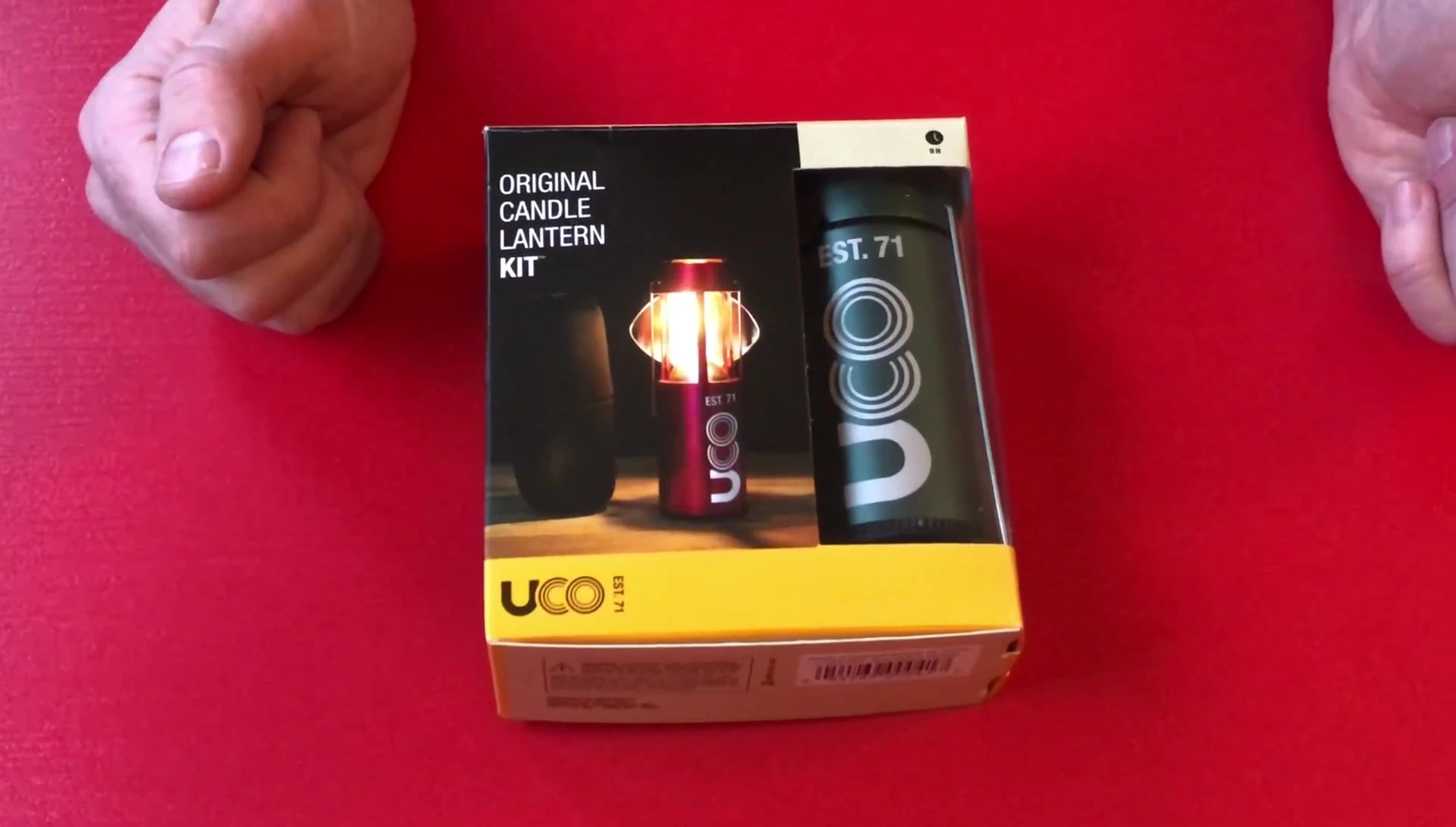 The UCO lantern kit box being opened.