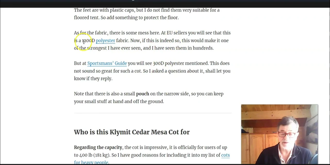 Screenshot highlighting the 1200D fabric specification from EU listings