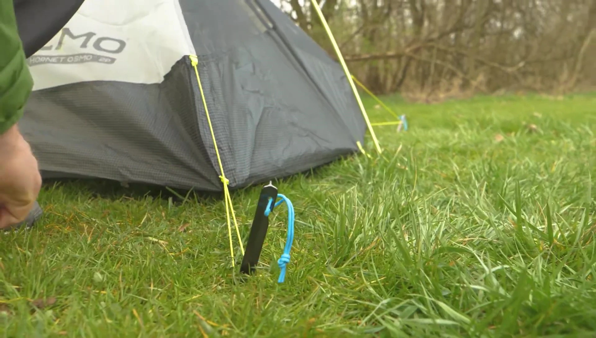 View of the tent's footprint and staking points.
