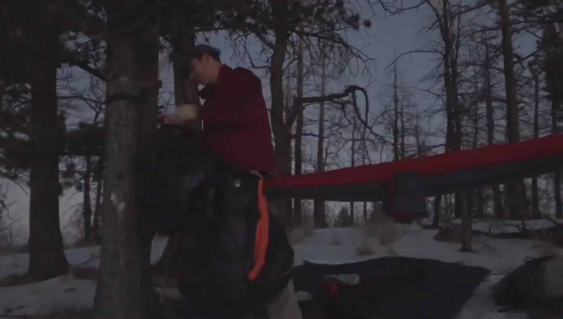 The sleeping bag arranged within the hammock for sleeping.
