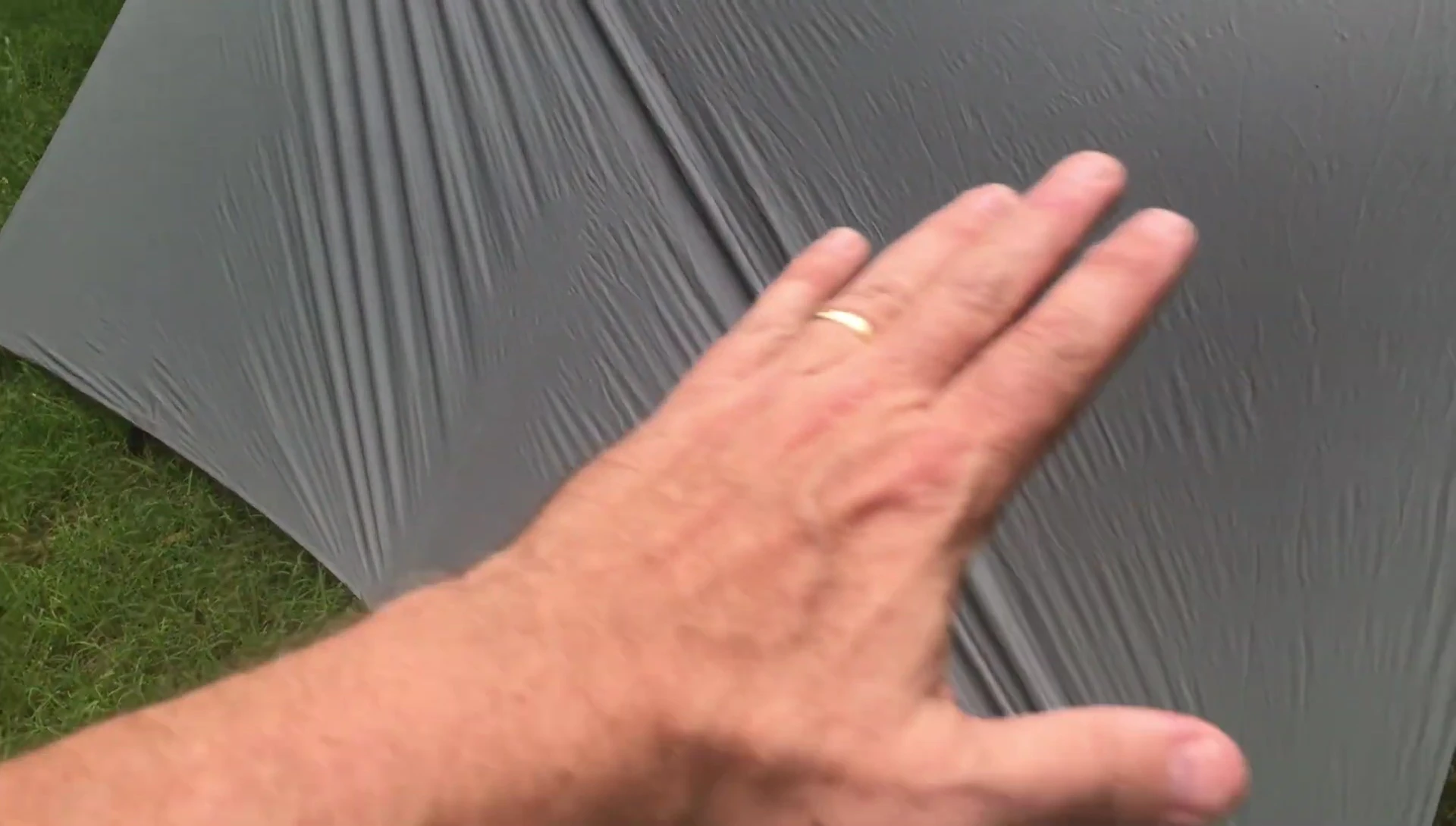 Tarp set up, showing the short ridgeline setup