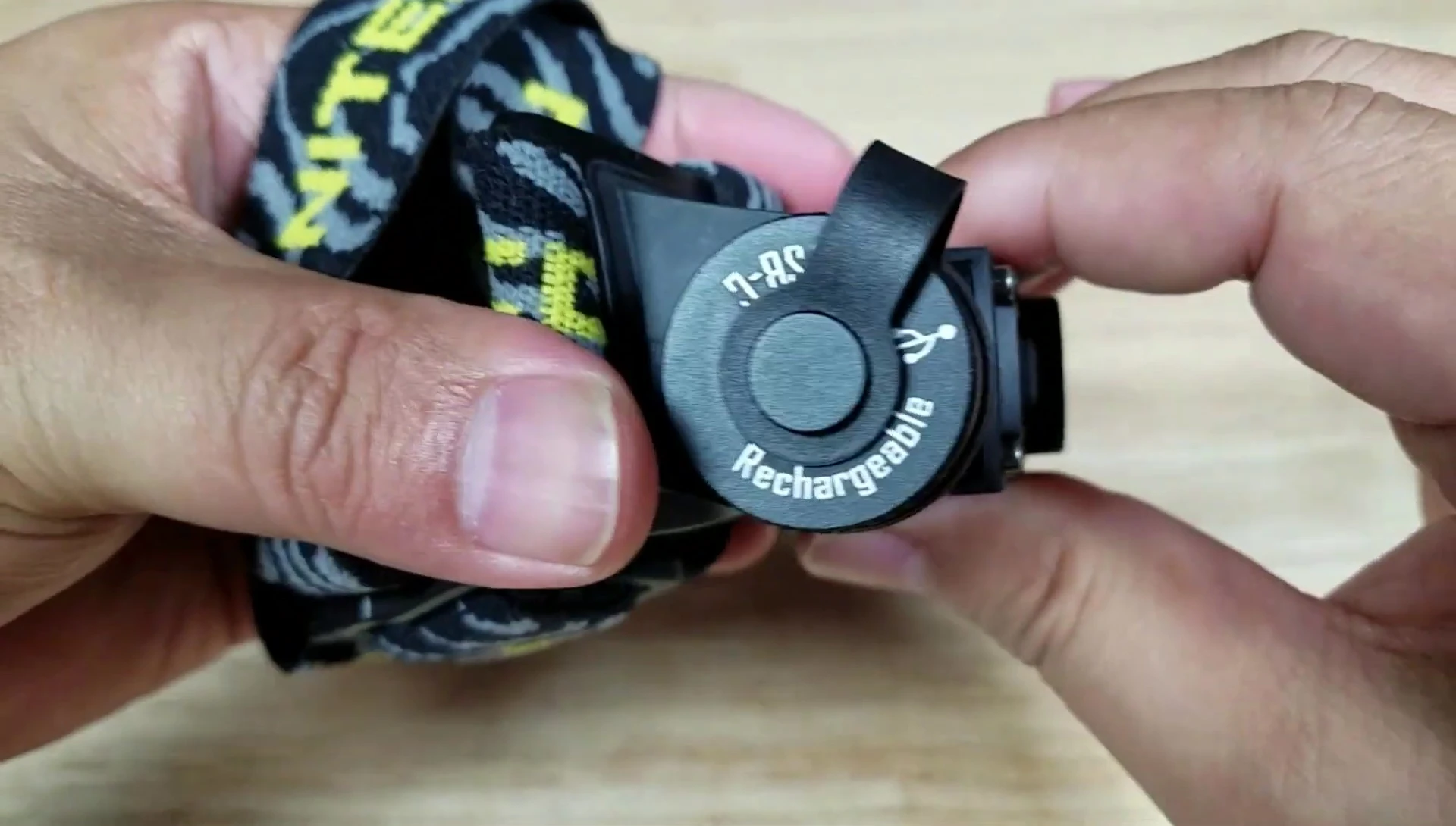 Close-up of the headlamp's reflector and LED