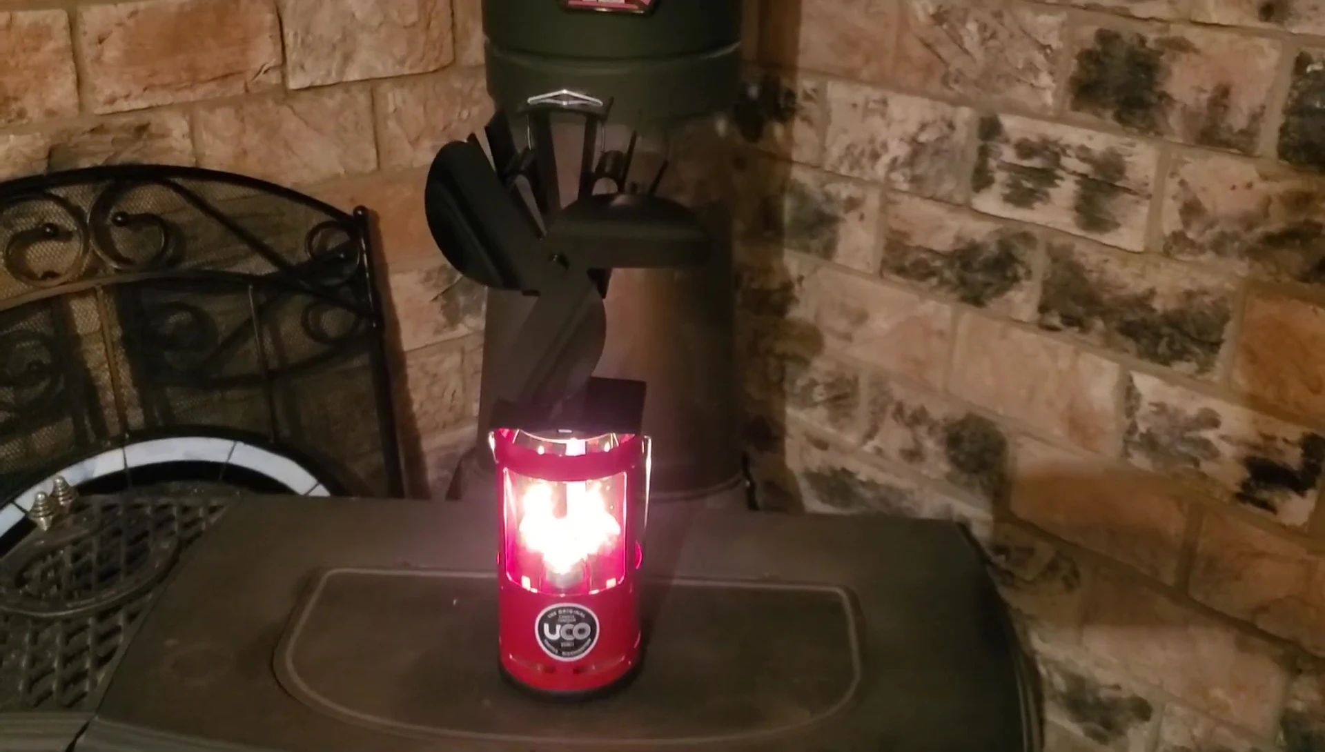 The wood stove fan placed on the UCO candle lantern.