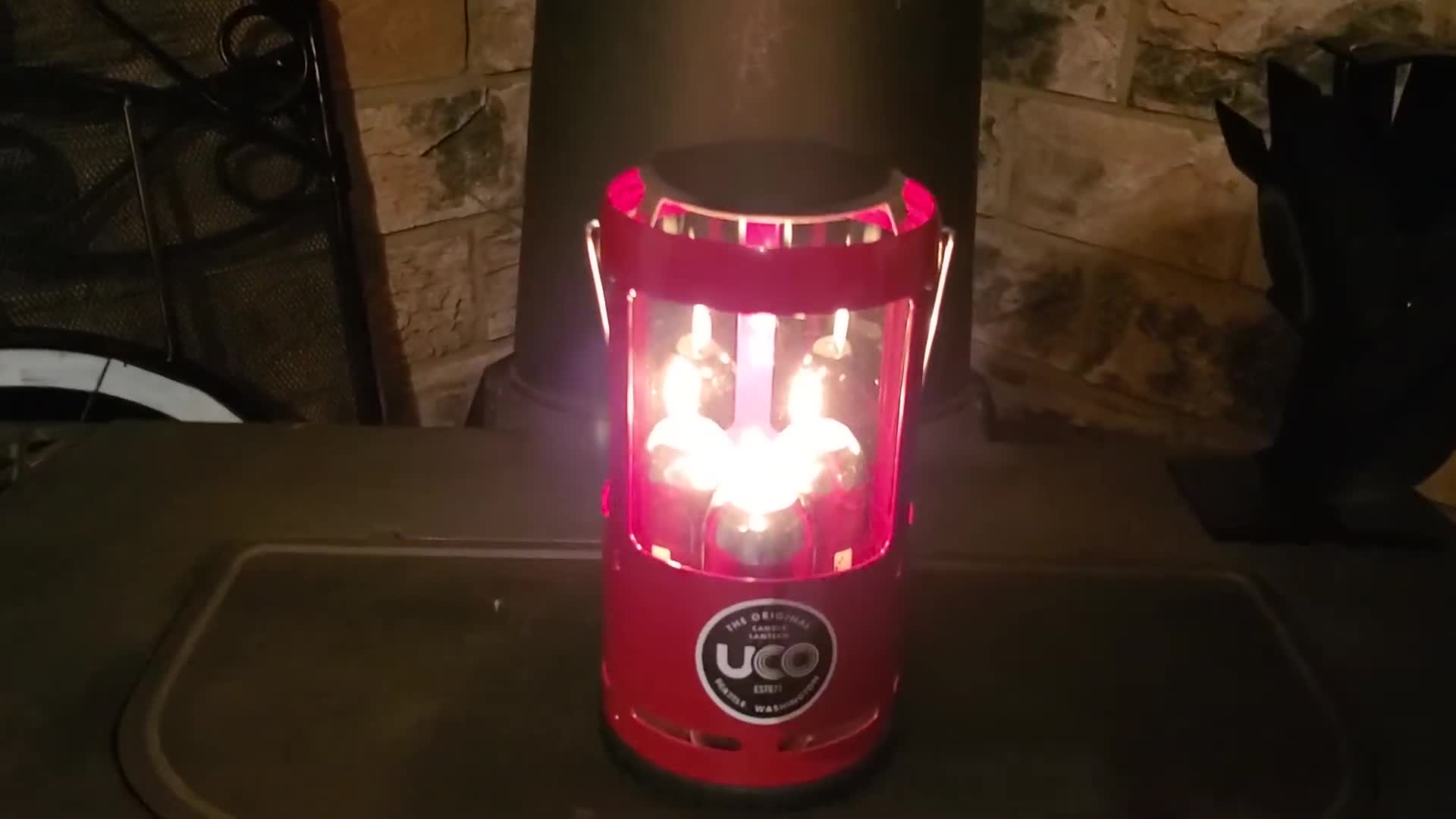 Close-up of the UCO triple candle lantern.