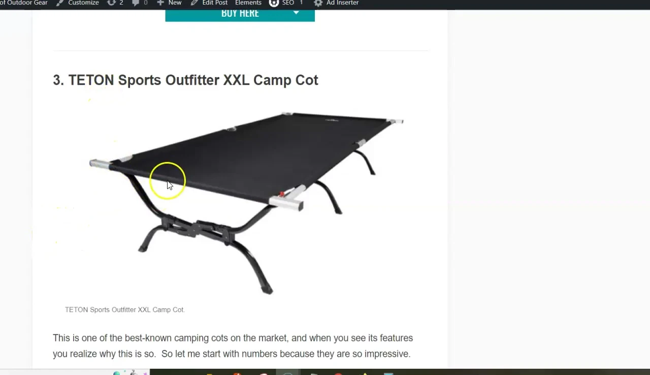 The Teton Sports Outfitter XXL cot, showcasing its dimensions and military style.