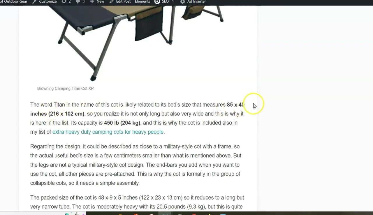 Dimensions and details of a military style cot are shown.