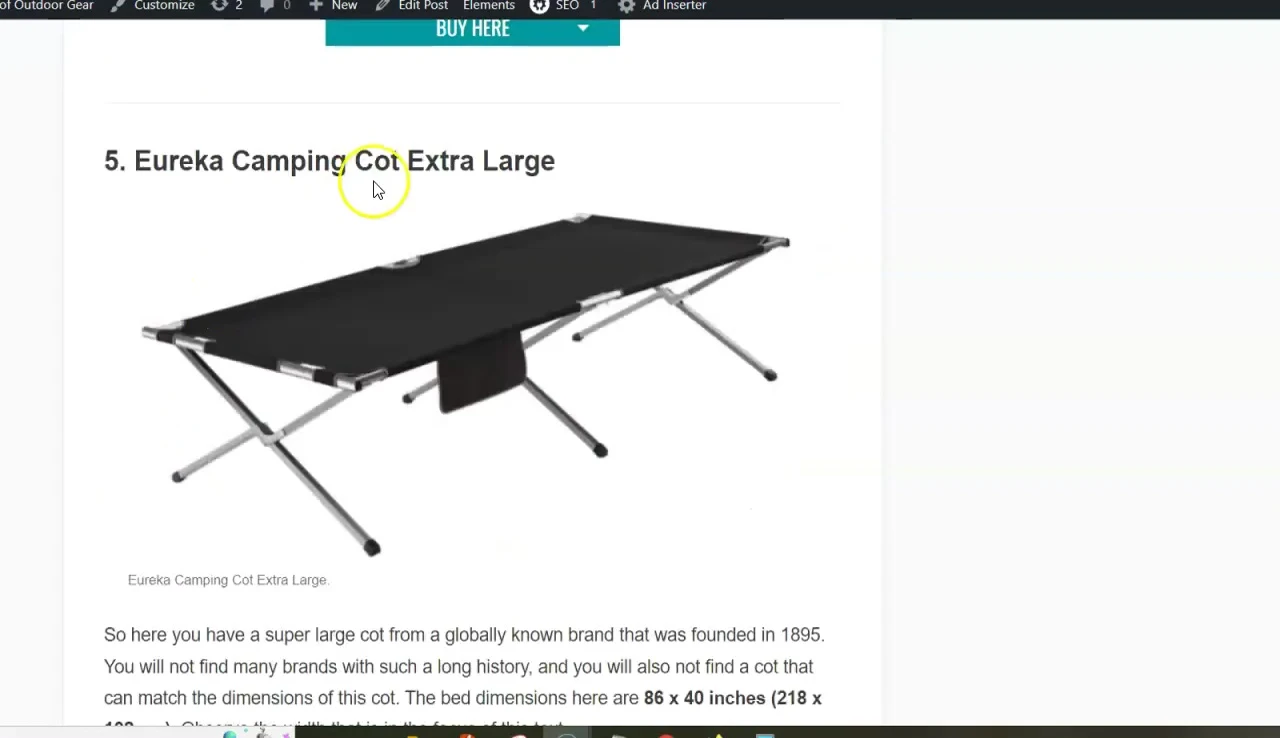 Display of the Eureka Camping Cot Extra Large and its dimensions.
