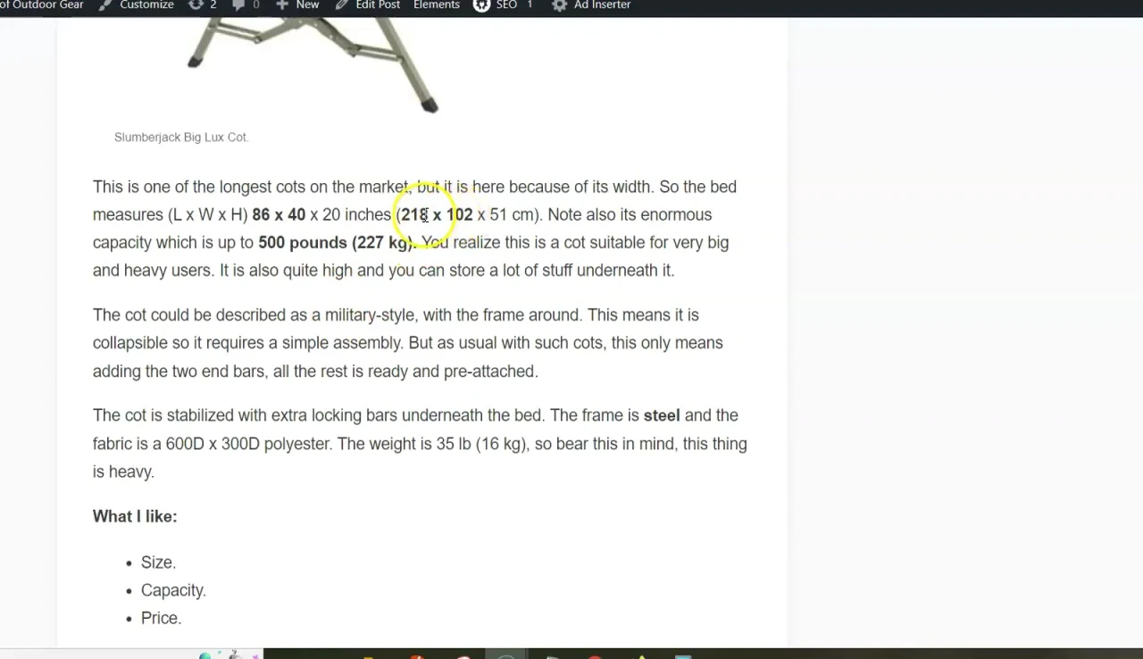 Dimensions and details of the Slumberjack cot are highlighted.