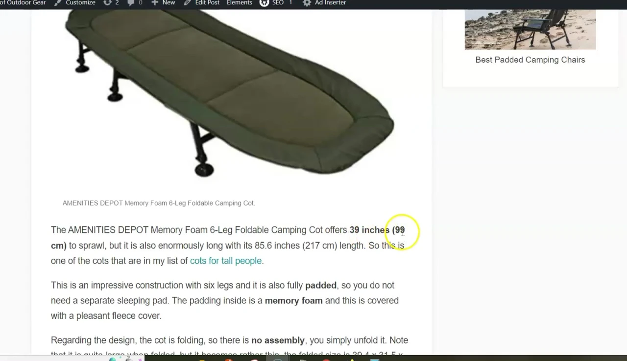 The cot showing its width and length measurements.