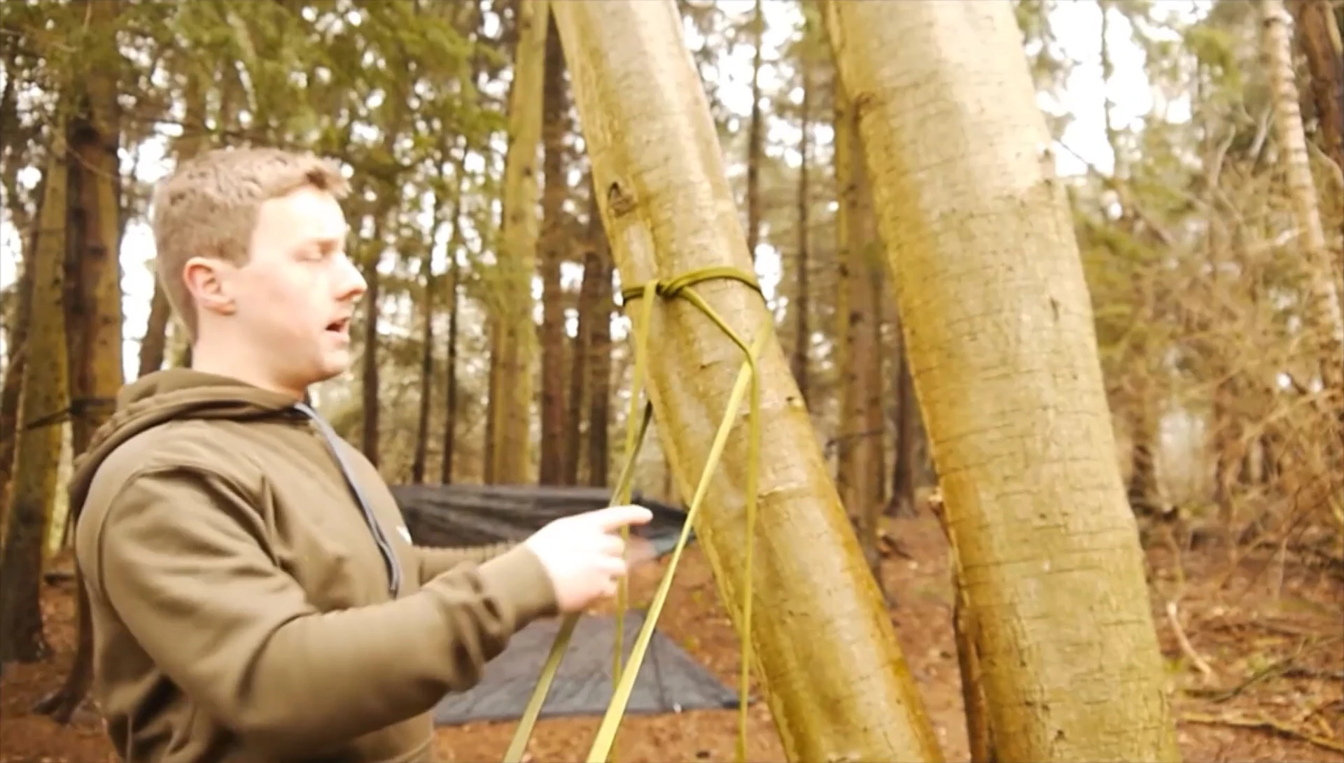 Demonstration of tying a webbing rope to a tree.