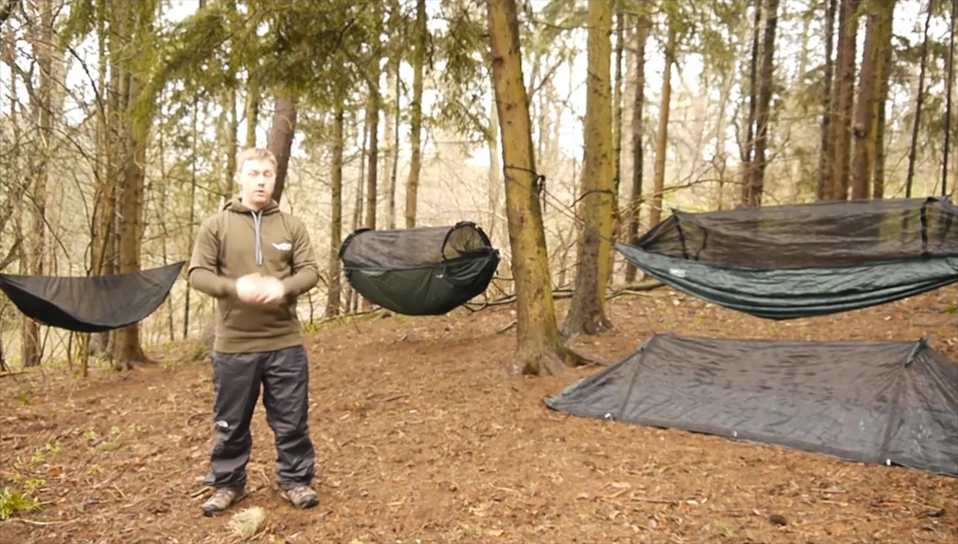 Image showing various hammock camping setups in different locations.
