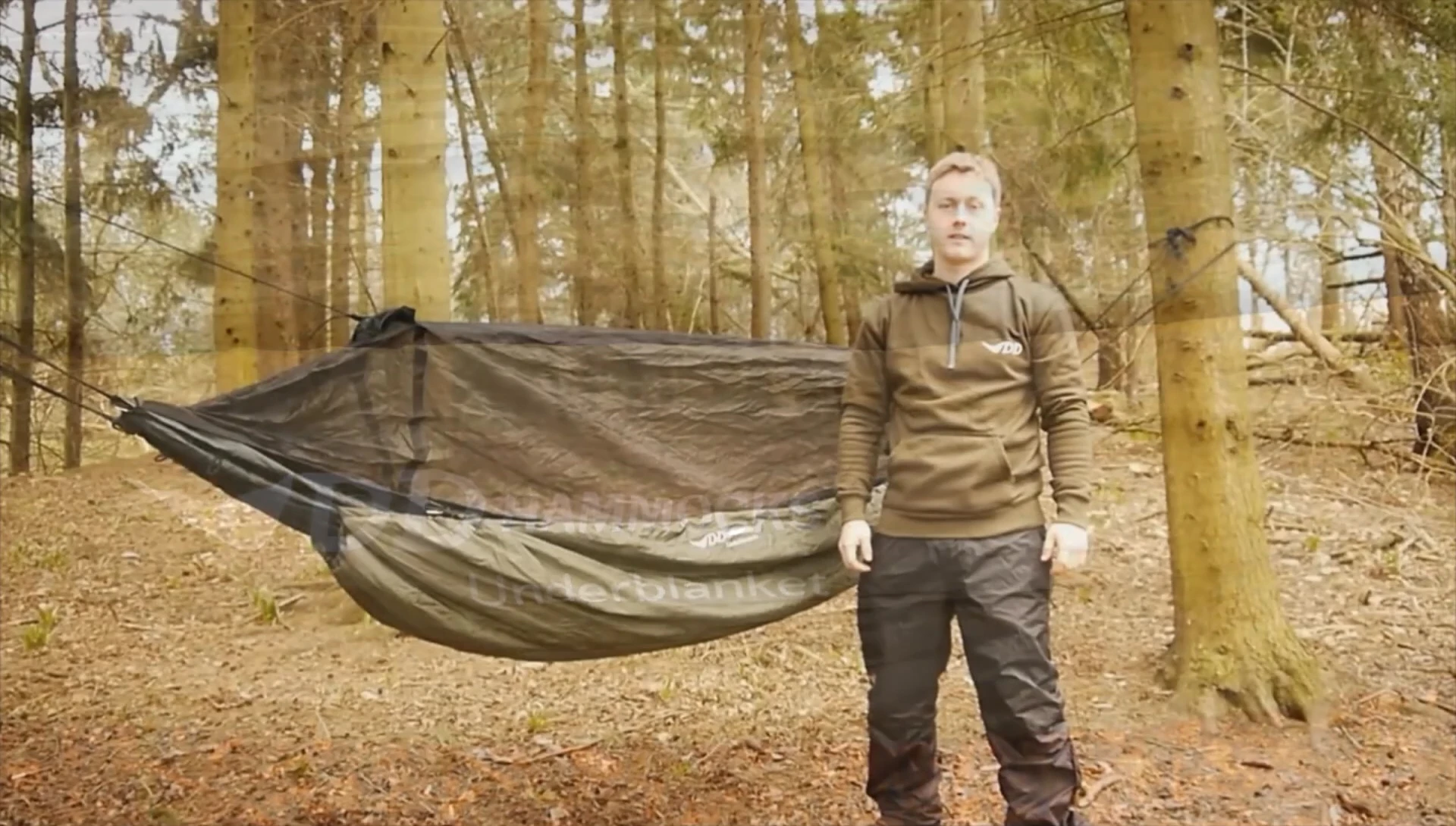 Showing various ways to stay warm while hammock camping (Sleeping bag, underblanket).