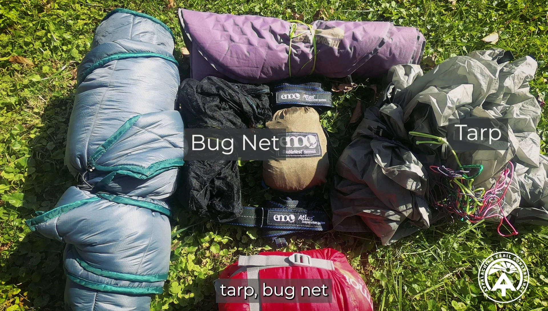 Additional gear for overnight trips: tarp, bug net, sleeping pad, and sleeping bag